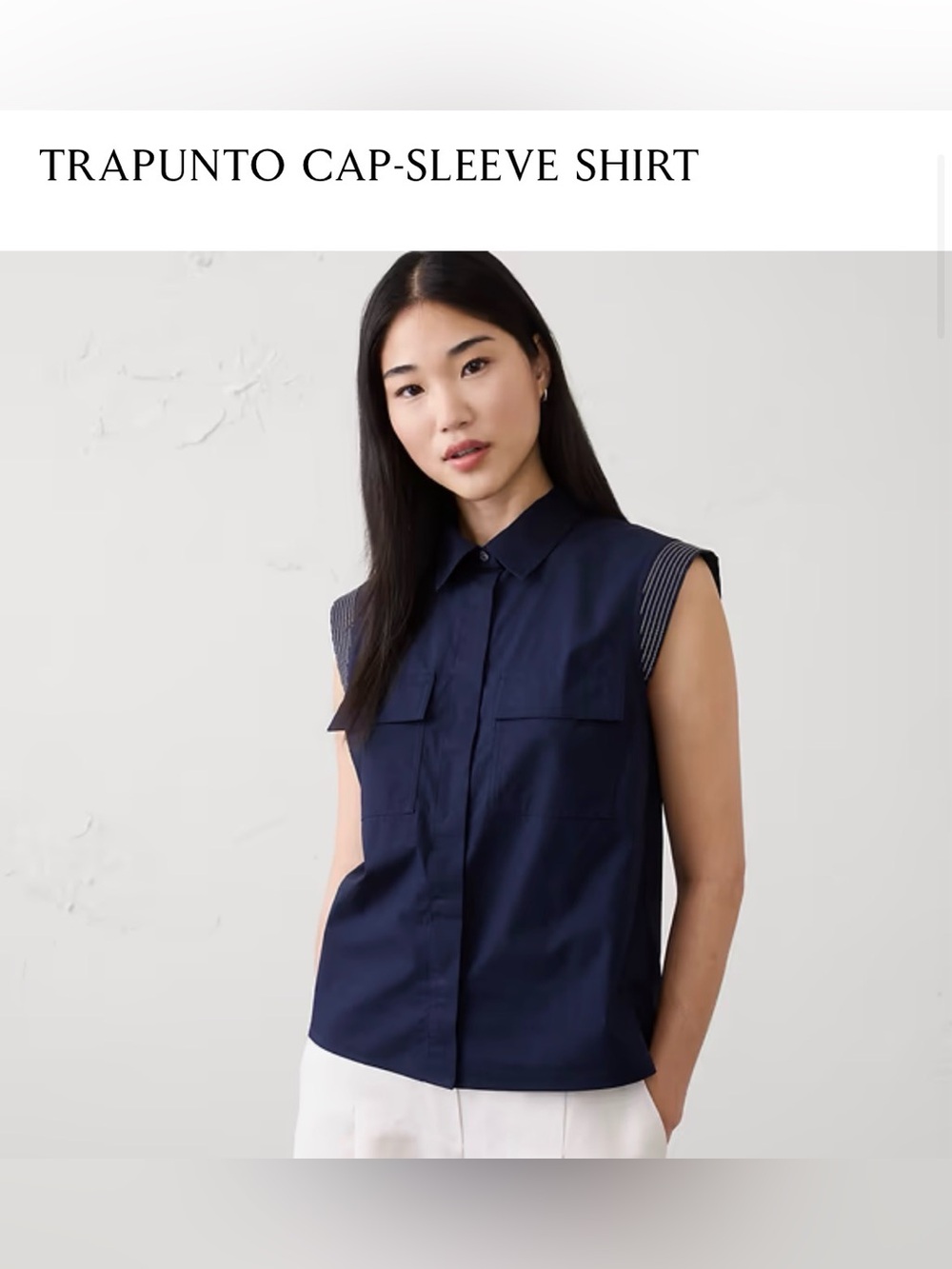 Banana Republic Navy Trapunto Cap-Sleeve Button-Down Shirt